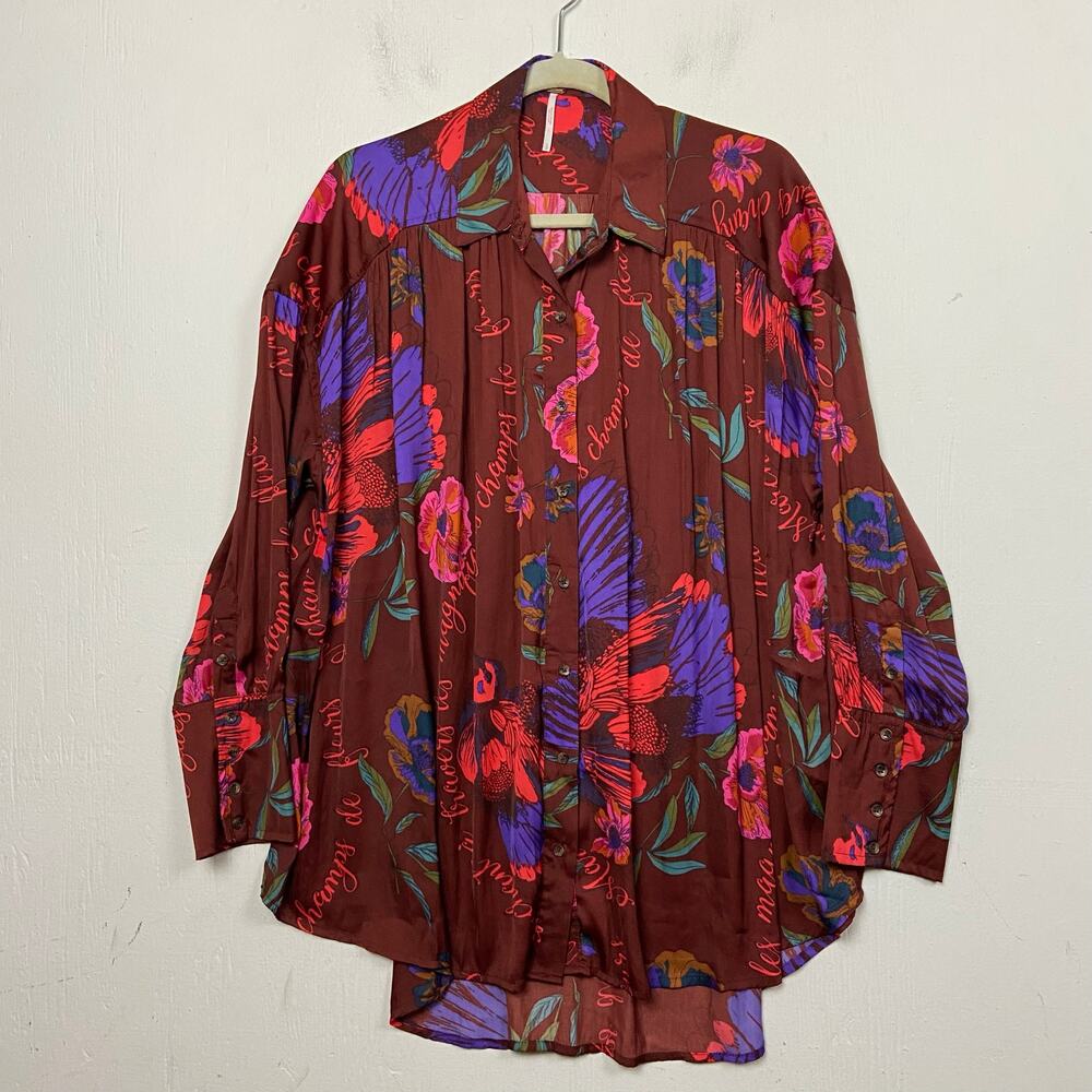 Free People Silky Nights Red Floral Oversized Boyfriend Blouse Size Small - Picture 2 of 12